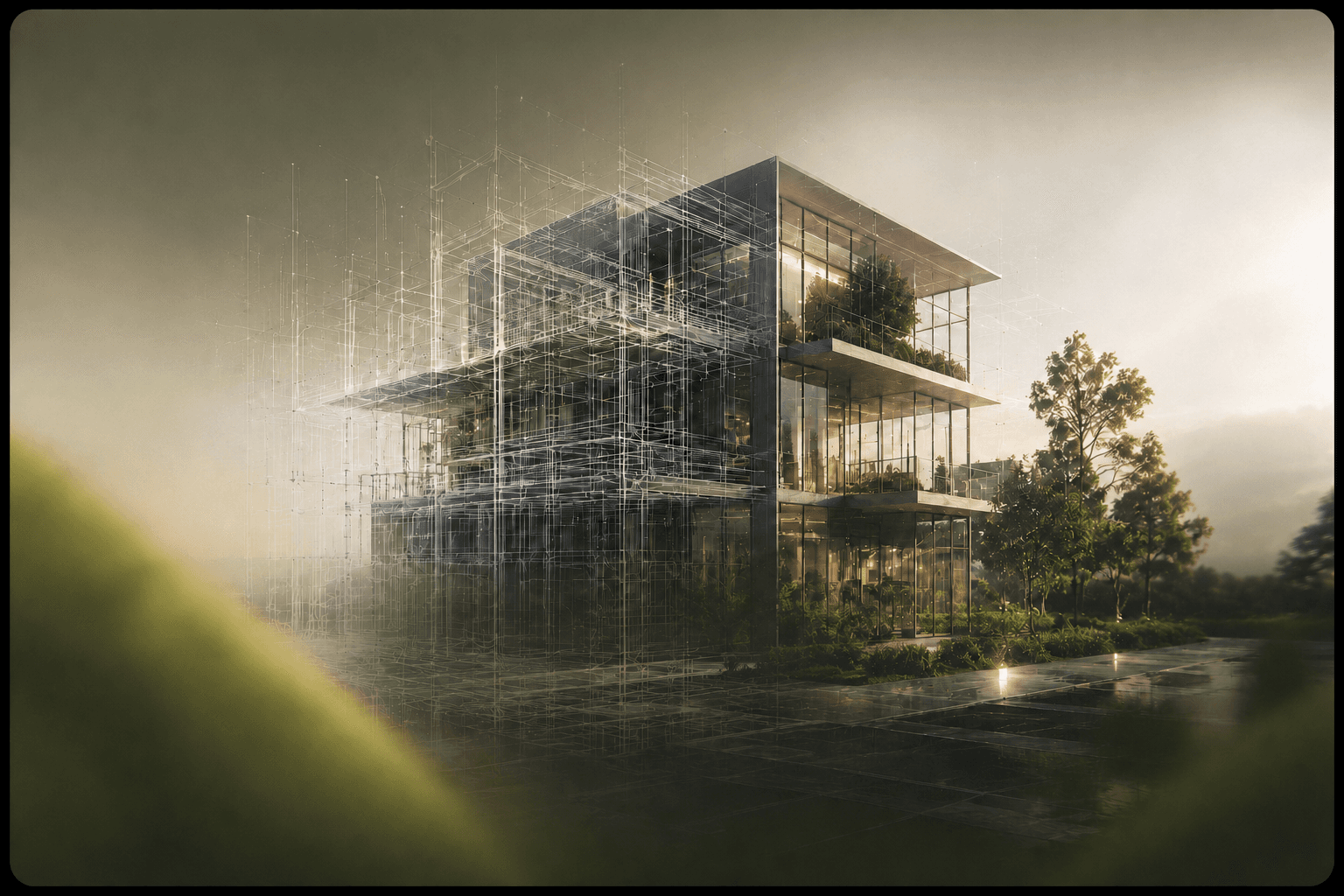 Modern AEC building with digital design overlay